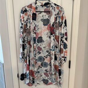 Pink Clover Floral Open Cardigan in White with Black, Coral, Blue Accents